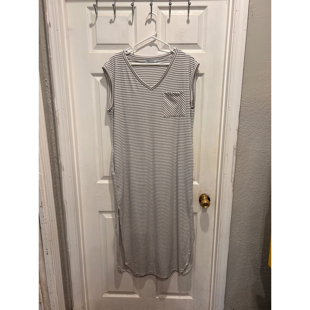 Culture Code Womens Striped V-Neck Maxi Dress Black White Pockets‎ Size L Resort